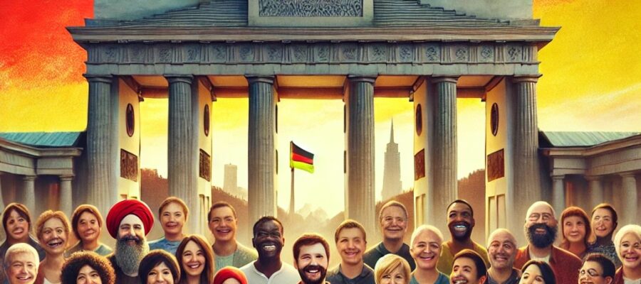 Das Bild zeigt eine bunt gemischte Menschengruppe vor dem Brandenburger Tor. Männer und Frauen unterschiedlichen Alters, zum Teil Menschen mit dunkler Hautfarbe, mit Kopftuch, Turban und in unterschiedlichster Kleidung. Der Himmel ist in den Farben der deutschen Nationalflagge schwarz, rot und gold gefärbt, am rechten unteren Bildrand ist eine Deutschlandfahne.